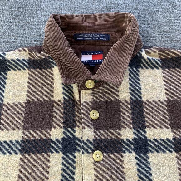 VTG Tommy Hilfiger Fleece Sweater Mens Large Relaxed Fit Corduroy Collar Plaid - Picture 3 of 13